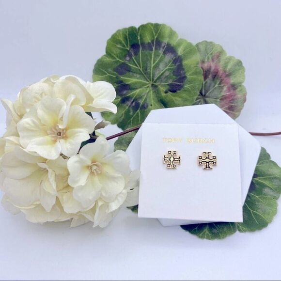 NWOT Tory Burch Gold Logo, Black Outline Kira Stud Earrings - Picture 2 of 11